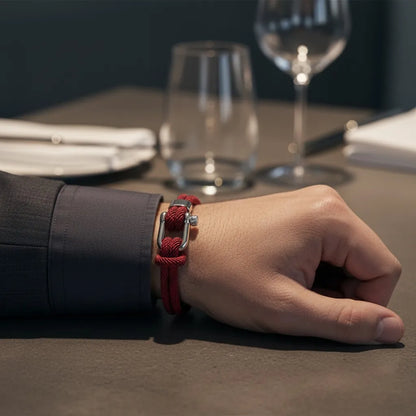 Detalhe de pulseira masculina de corda vermelha com fecho prateado em um restaurante.