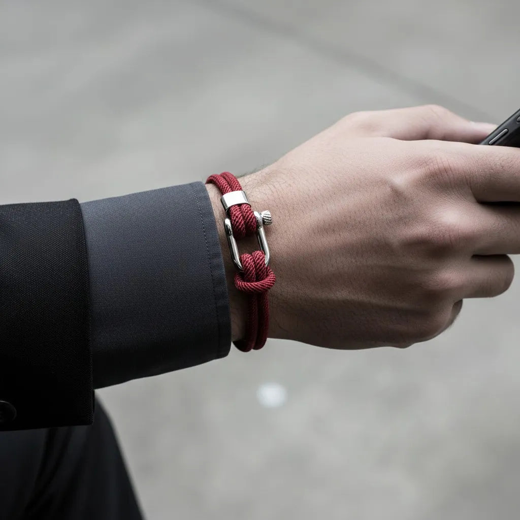 Homem usando celular e pulseira masculina de corda vermelha com fecho metálico prateado.