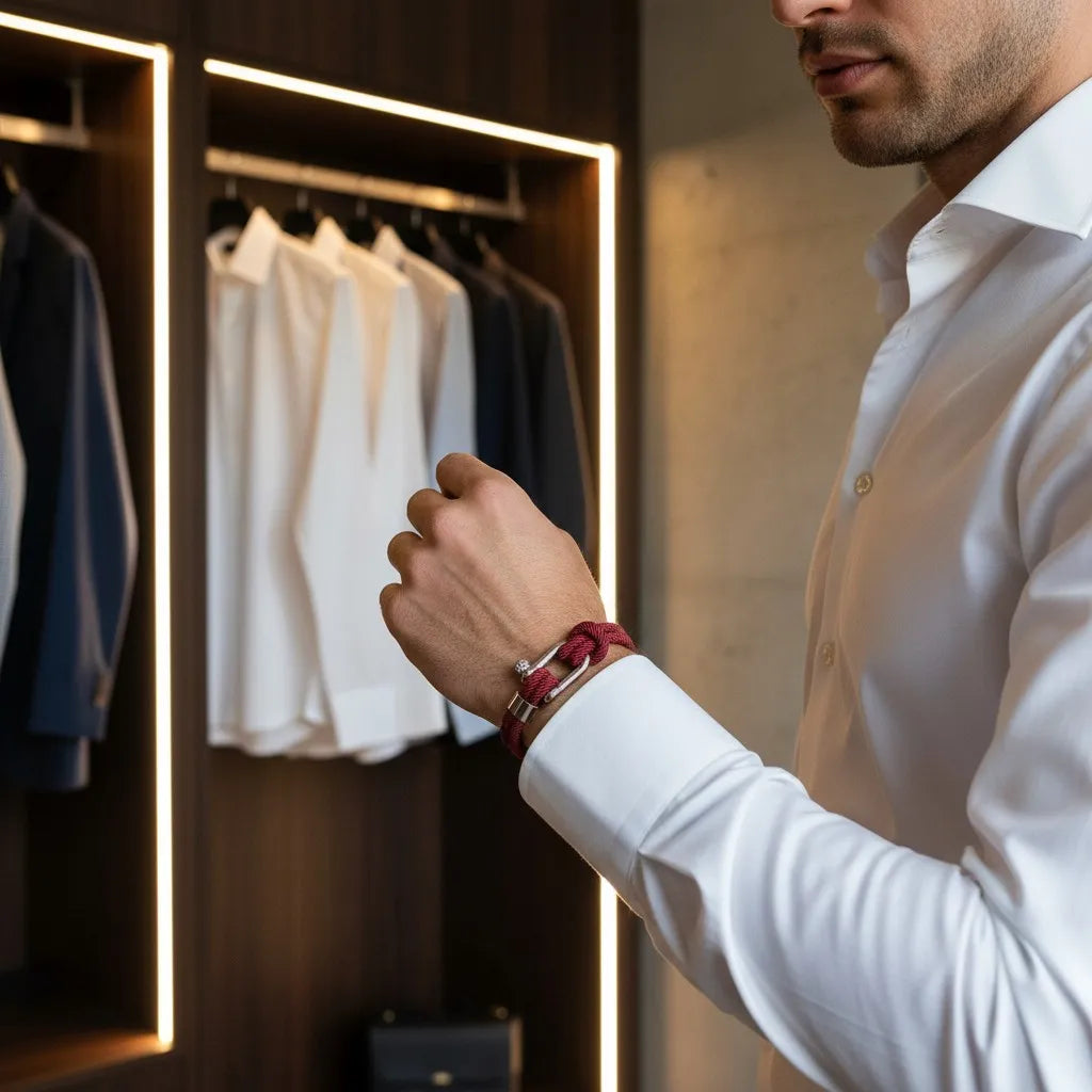 Homem com camisa social usando pulseira masculina de corda vermelha com fecho metálico prateado em um closet.