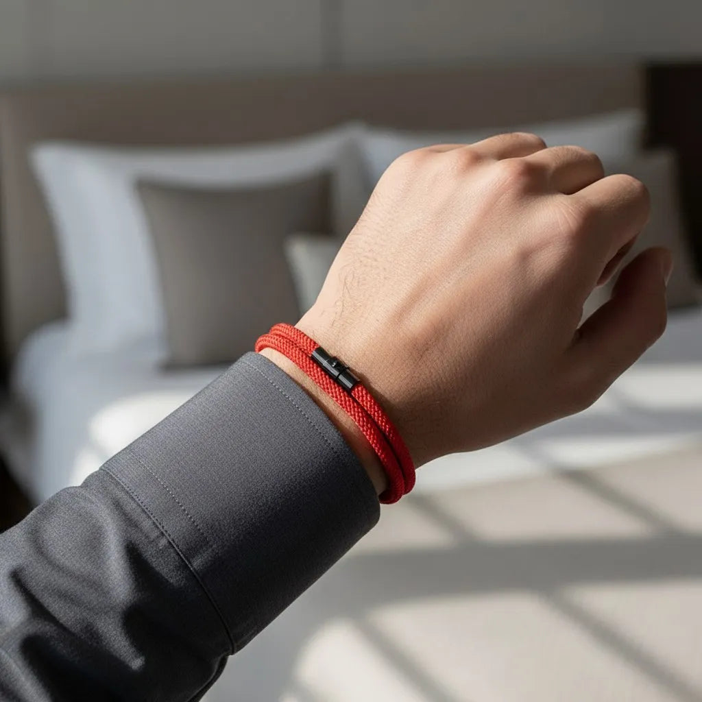 Homem usando pulseira masculina de corda vermelha com fecho metálico preto.