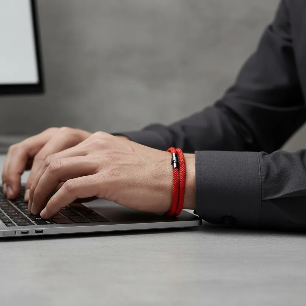 Homem trabalhando no notebook e usando pulseira masculina de corda vermelha.