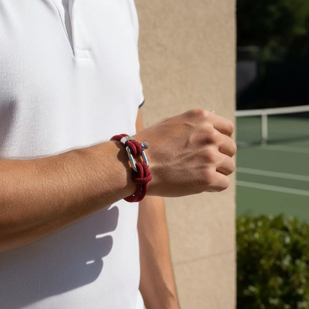 Homem usando pulseira masculina de corda vermelha com fecho prateado próximo a uma quadra de tênis.