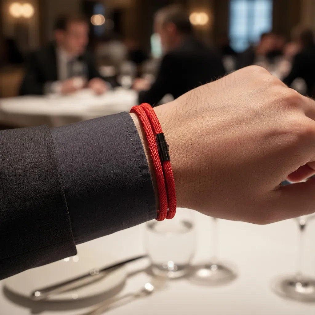 Homem usando pulseira masculina de corda vermelha com fecho preto em um restaurante.