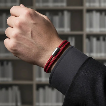Homem usando pulseira masculina de corda vinho com volta dupla e fecho metálico prateado em frente a uma estante de livros.