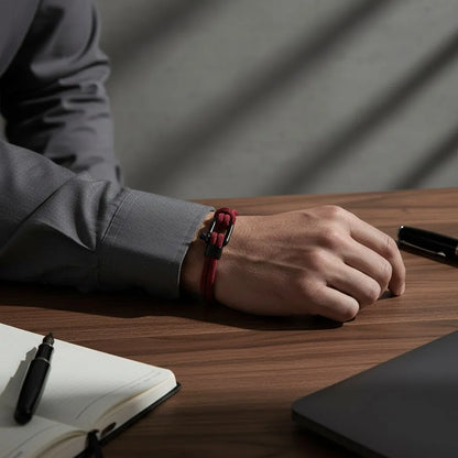 Pulso apoiado sobre mesa de madeira com pulseira masculina de corda vinho e fecho preto em destaque.