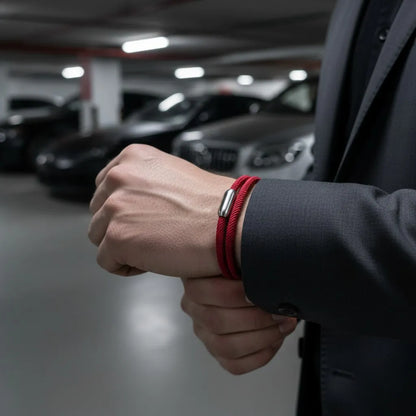 Homem ajustando a pulseira masculina de corda vinho com volta dupla e fecho metálico prateado em um estacionamento.