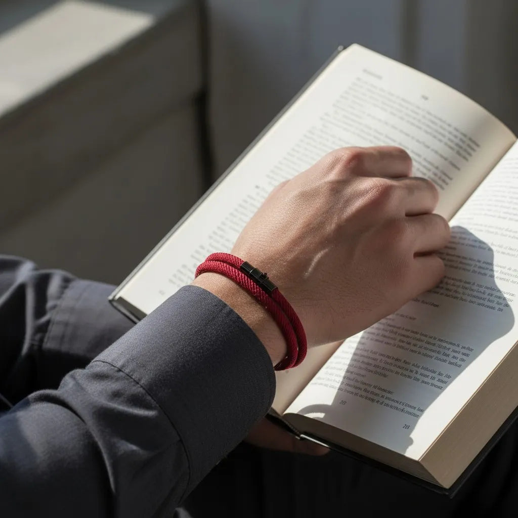 Homem lendo um livro e usando pulseira masculina de corda vinho com fecho preto.