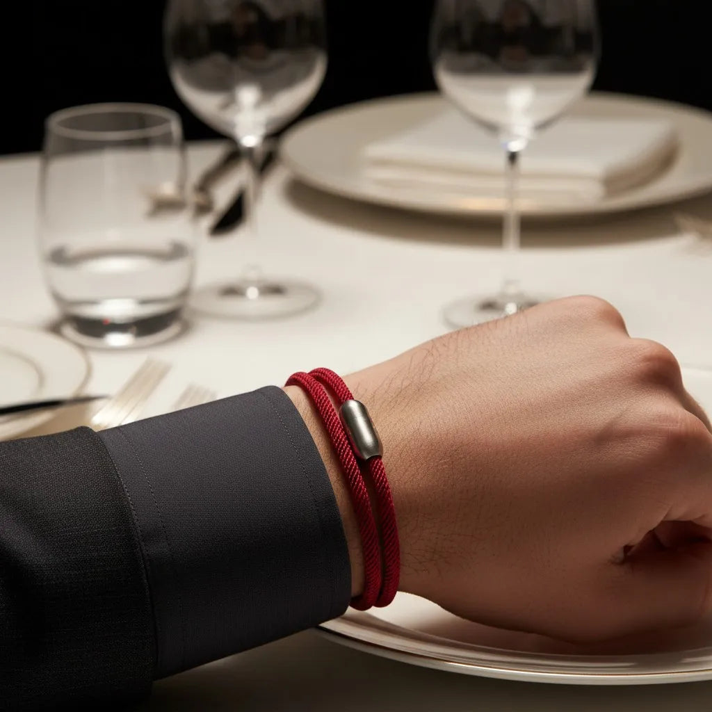 Homem usando pulseira masculina de corda vinho com design minimalista e fecho metálico prateado sobre uma mesa de jantar elegante.
