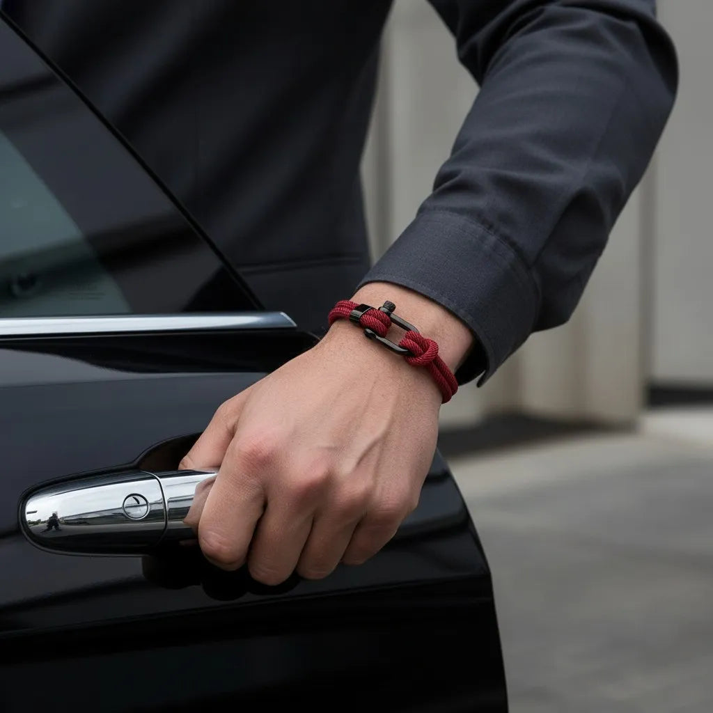 Homem abrindo a porta do carro enquanto usa pulseira masculina de corda vinho com fecho preto.