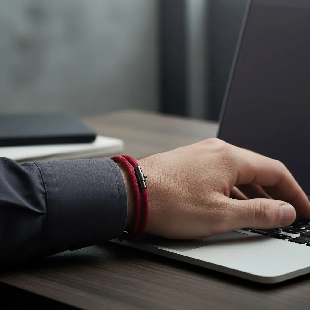 Homem trabalhando no notebook e usando pulseira masculina de corda vinho de volta dupla.