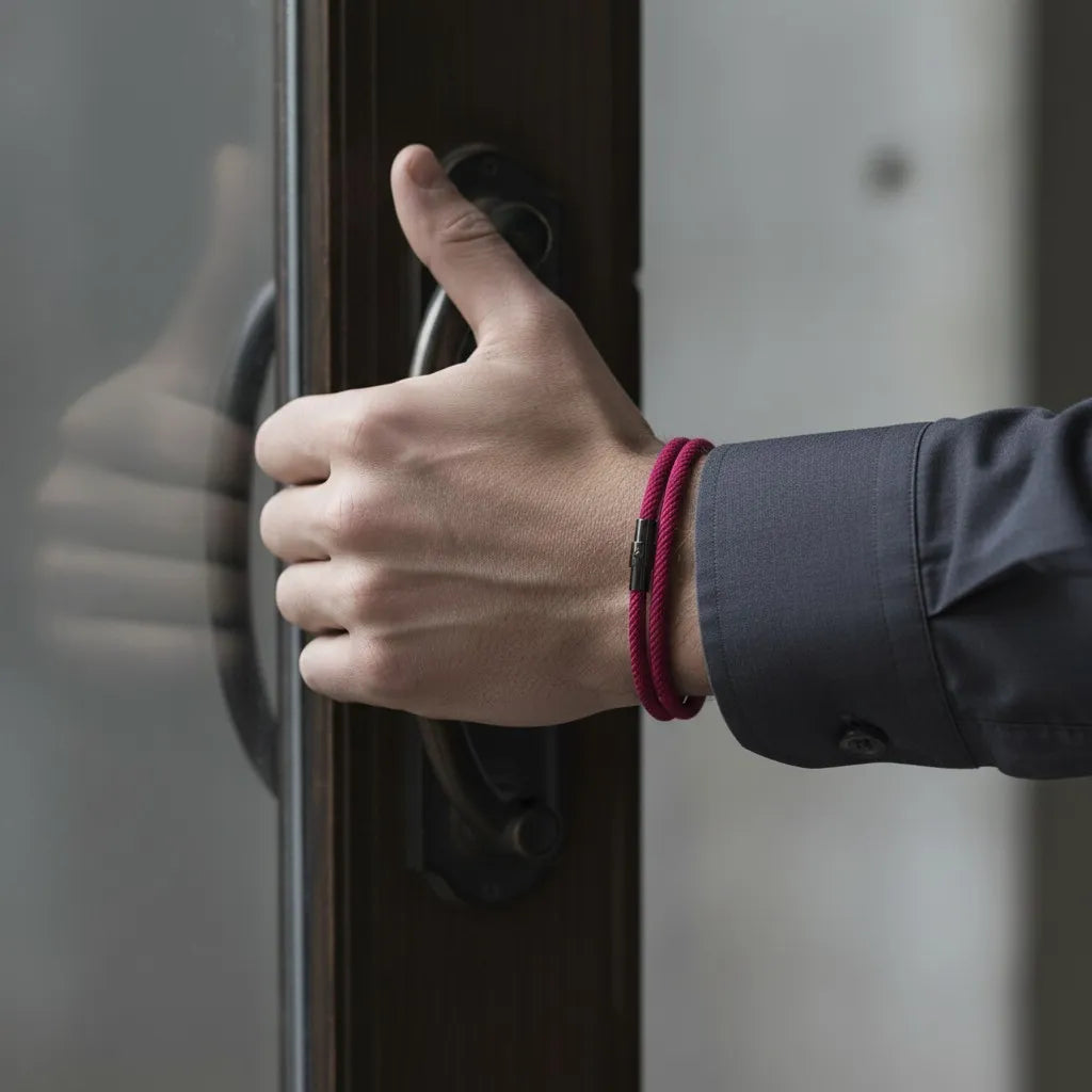Homem usando pulseira masculina de corda vinho com fecho preto ao abrir uma porta.