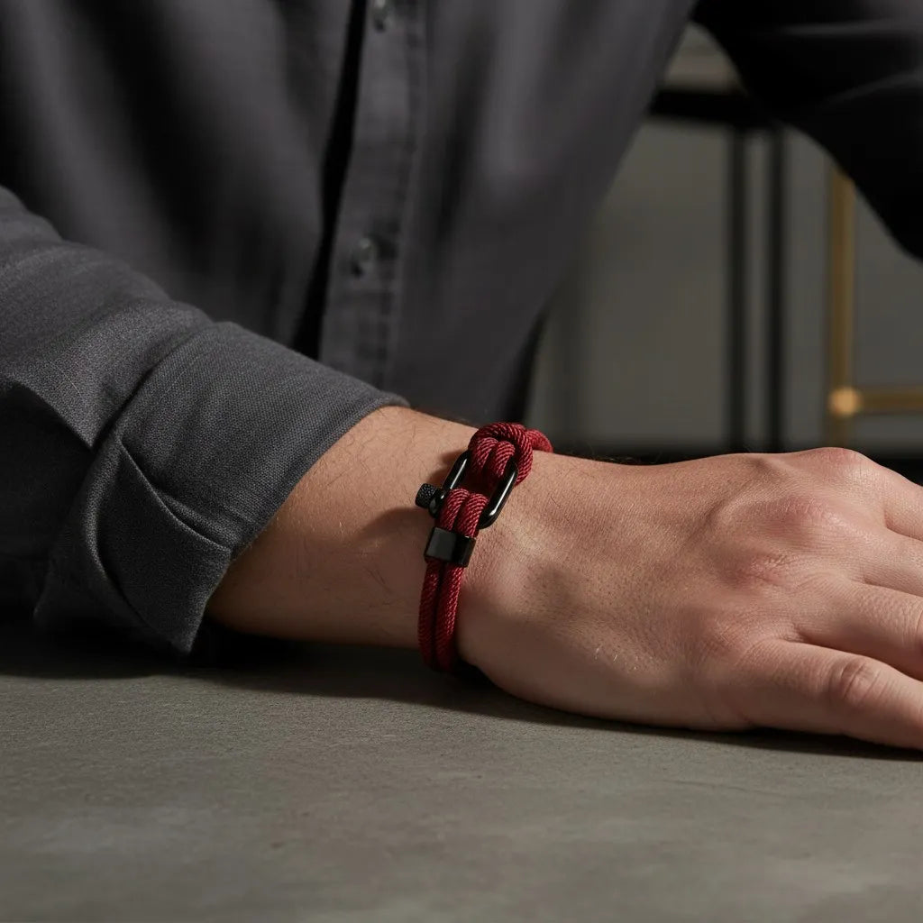 Pulso apoiado sobre a mesa com pulseira masculina de corda vinho e fecho preto em destaque.