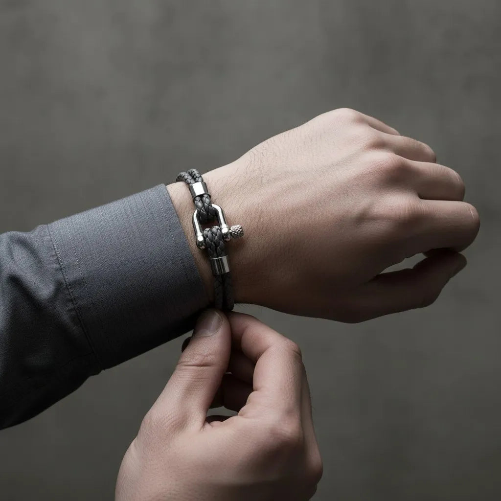 Homem ajustando pulseira masculina de couro cinza trançado com fecho metálico prateado no pulso.