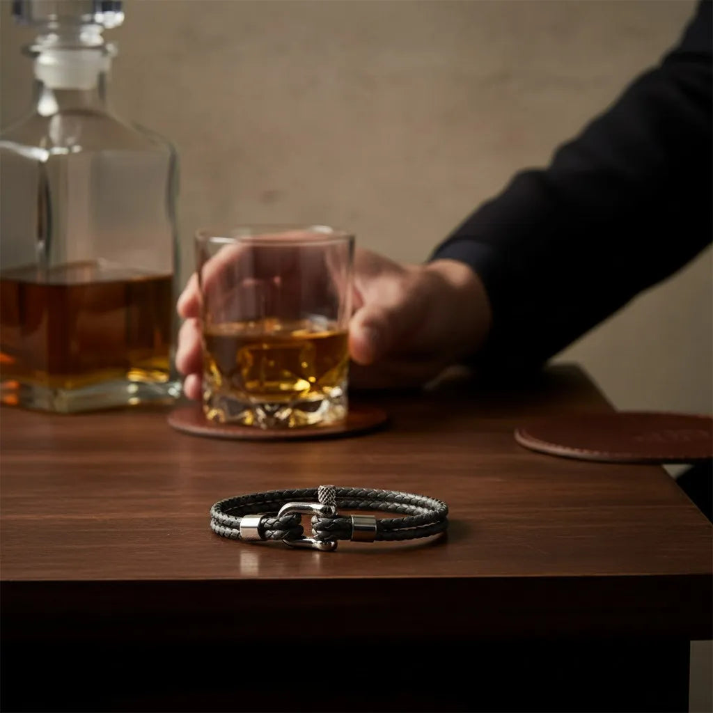 Pulseira masculina de couro cinza trançado com fecho metálico prateado sobre uma mesa de madeira ao lado de um copo.