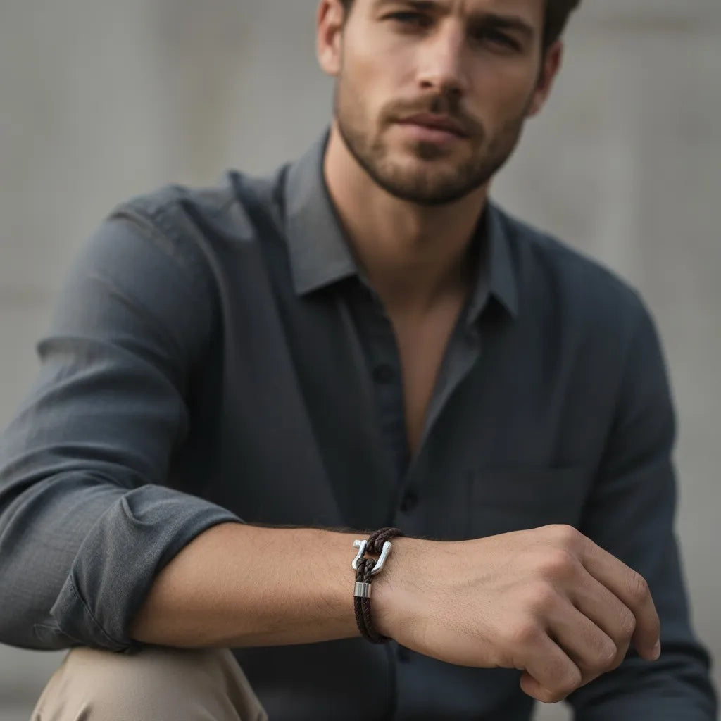 Homem usando pulseira masculina de couro marrom trançado com fecho tipo manilha.