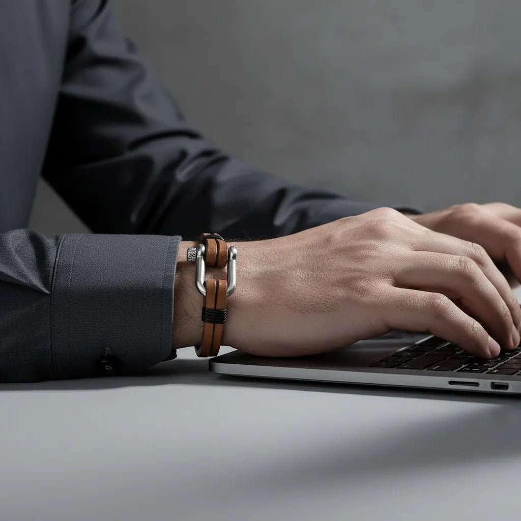 Pulseira masculina de couro marrom com fecho metálico prateado sendo usada enquanto a pessoa digita no notebook.