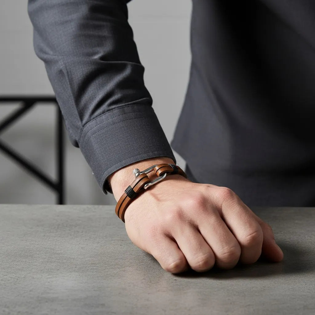 Pulseira masculina de couro marrom com detalhe metálico prateado em destaque no pulso apoiado sobre a mesa.