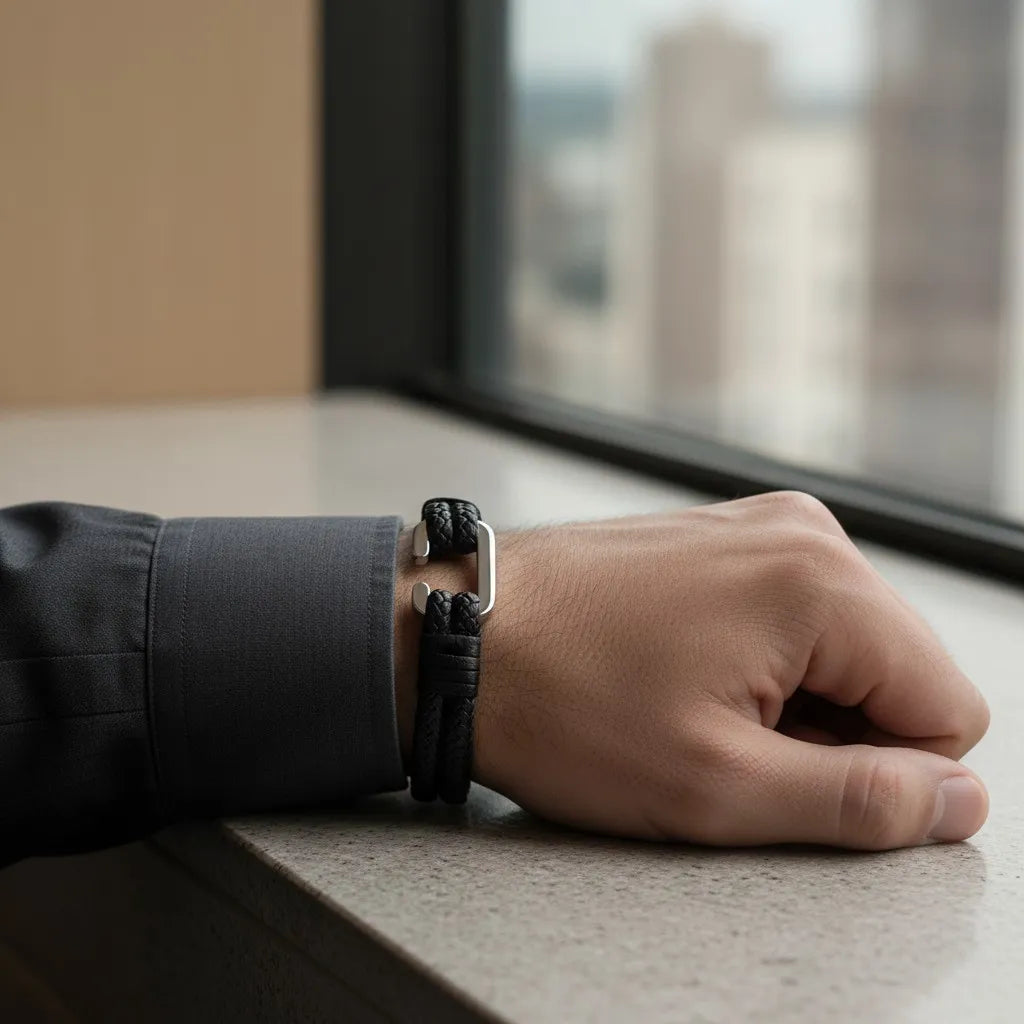 Pulseira masculina de couro preto trançado com detalhe metálico prateado em destaque no pulso junto à janela.