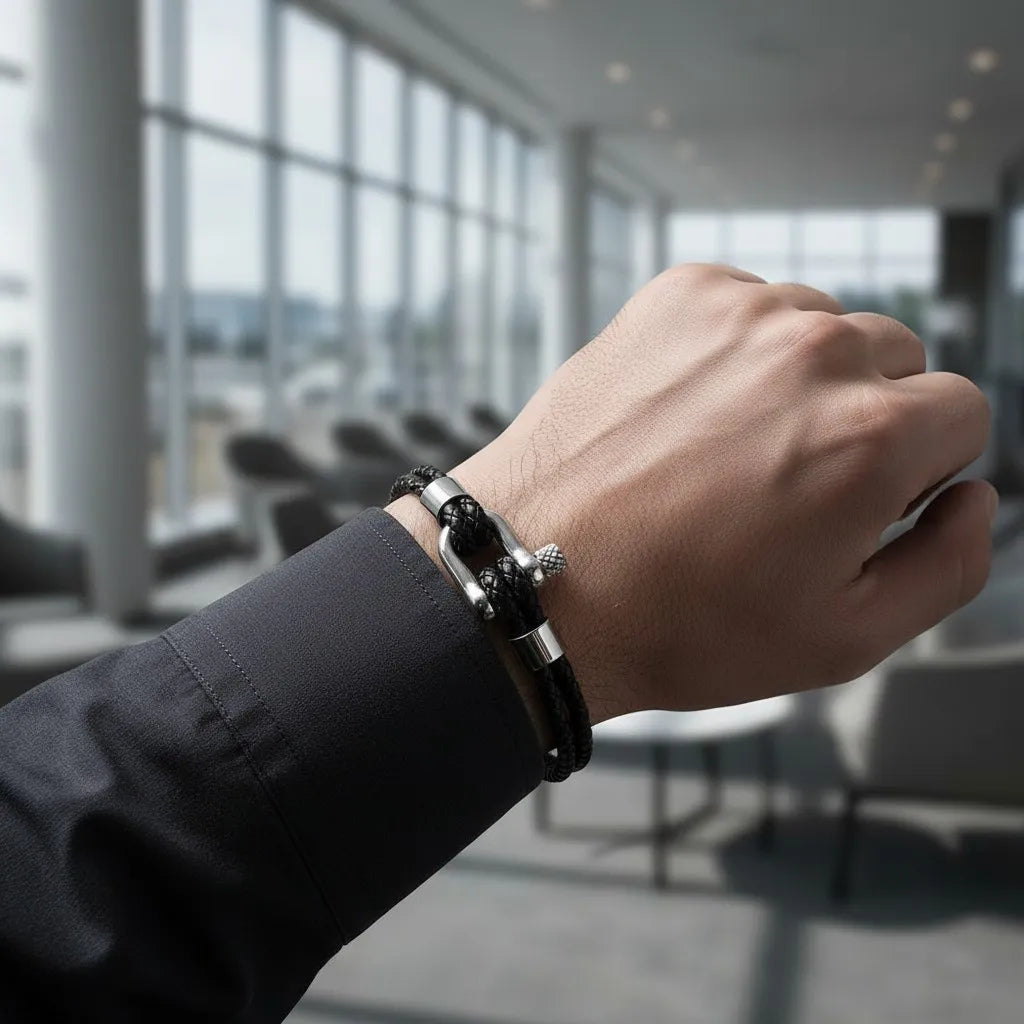 Detalhe de pulseira masculina de couro preto trançado com fecho metálico em ambiente corporativo.