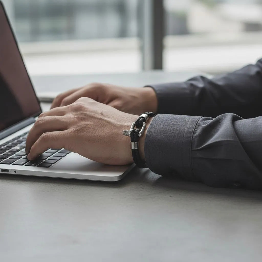 Homem trabalhando no notebook e usando pulseira masculina de couro preto trançado com fecho metálico prateado.