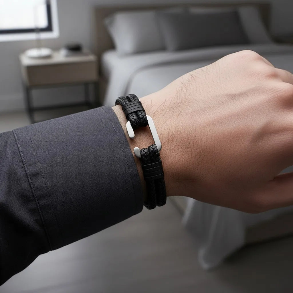 Close da pulseira masculina de couro trançado preto com detalhe metálico prateado no pulso em um quarto moderno.