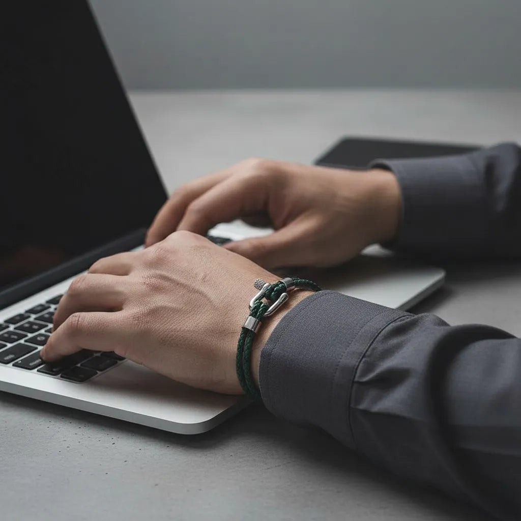 Homem usando pulseira masculina de couro verde enquanto trabalha em um notebook.