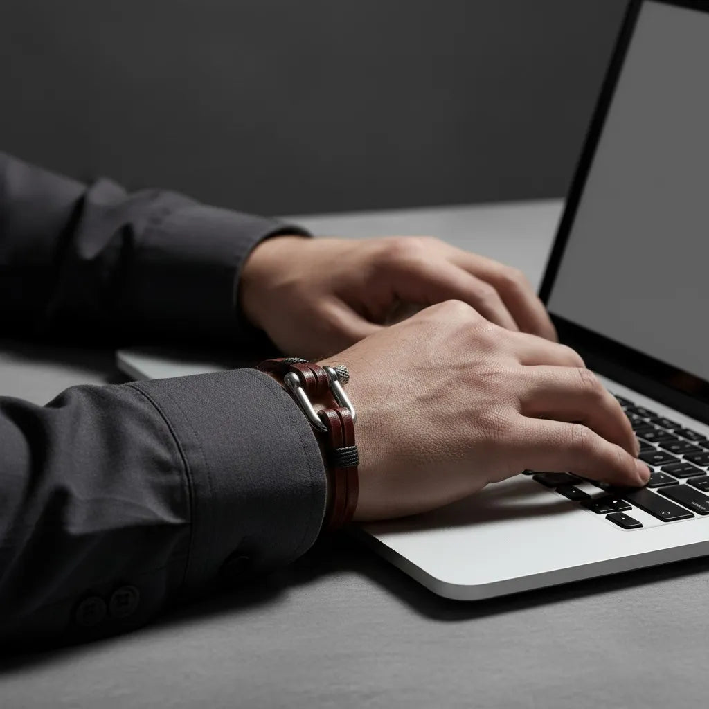 Pulseira masculina de couro vinho com acabamento metálico prateado sendo usada enquanto a pessoa digita no notebook.