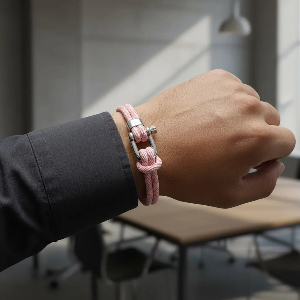 Detalhe de pulseira masculina de corda rosa com fecho metálico em ambiente de escritório.