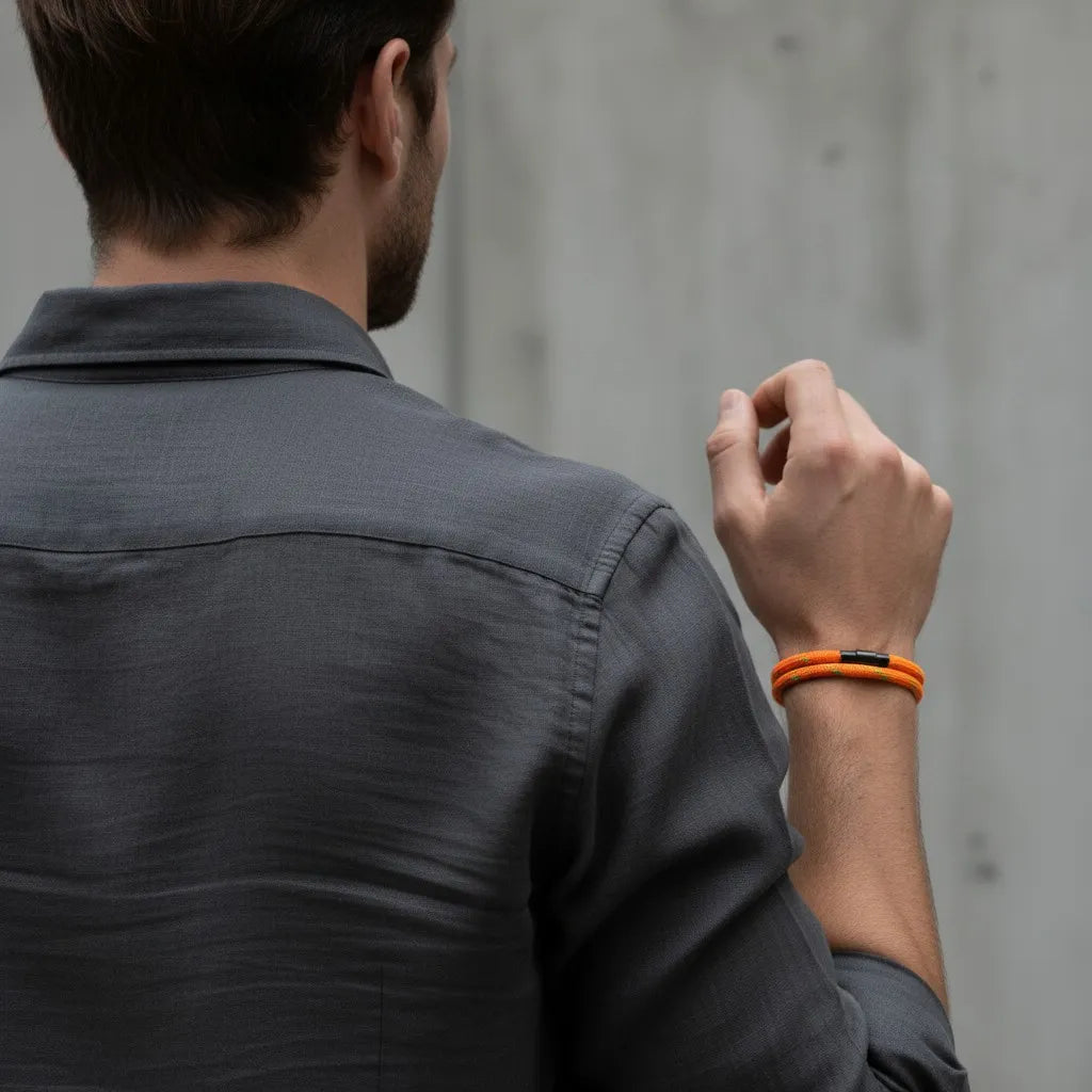 Homem visto de costas usando pulseira masculina de corda laranja com volta dupla em um visual casual e moderno.