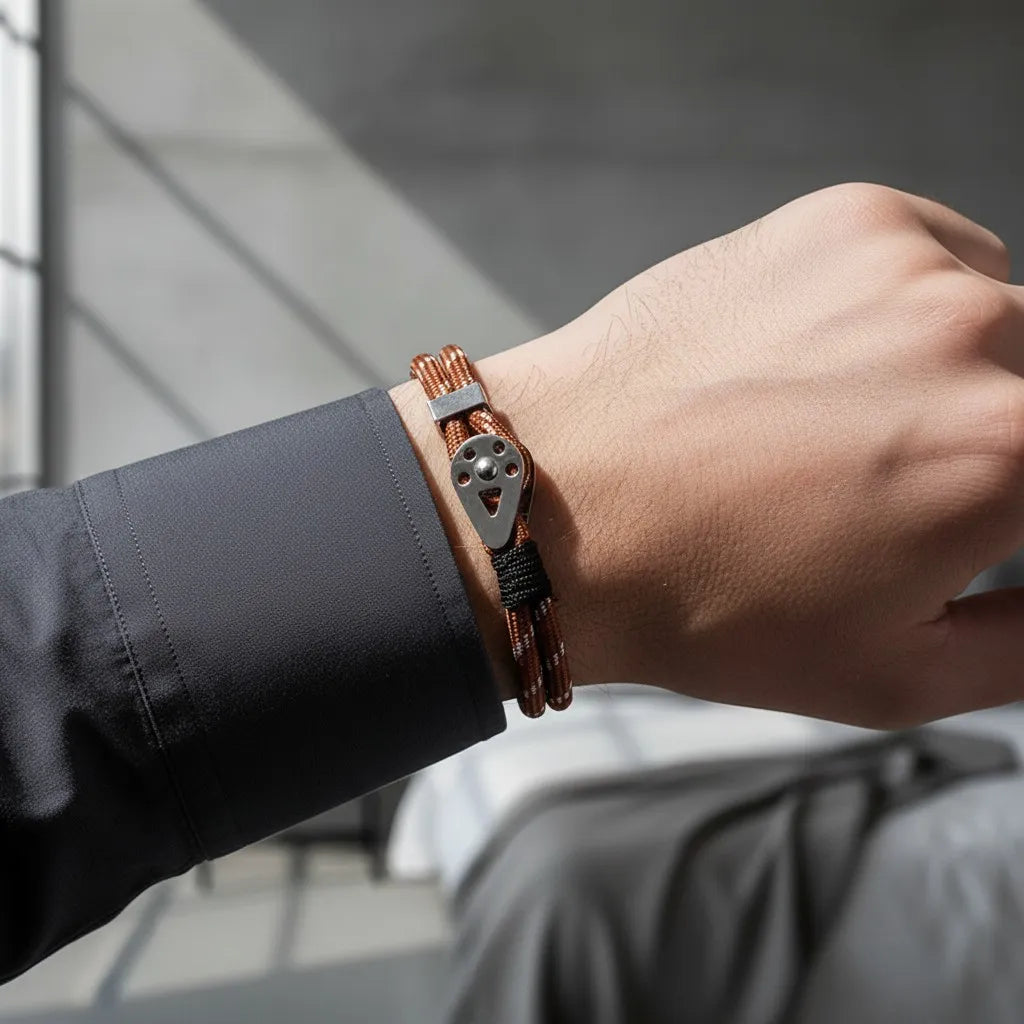 Close da pulseira masculina de corda marrom com acabamento preto e peça central prateada em um look elegante.