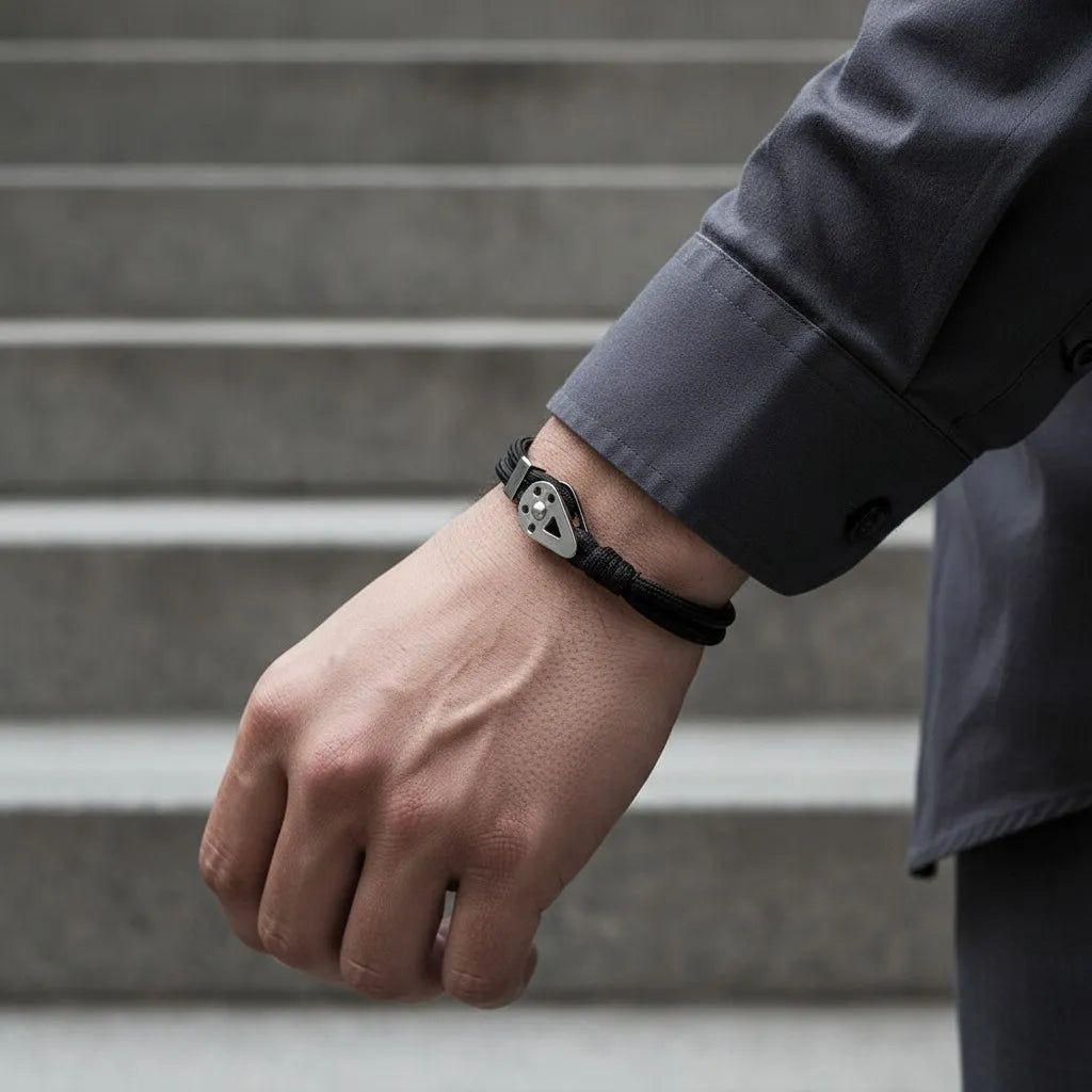Pulseira masculina preta de corda com detalhe metálico prateado, exibida no pulso diante de uma escada.