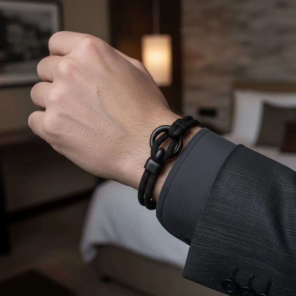 Pulseira masculina de corda preta com detalhe central em formato de nó e acabamento metálico preto.
