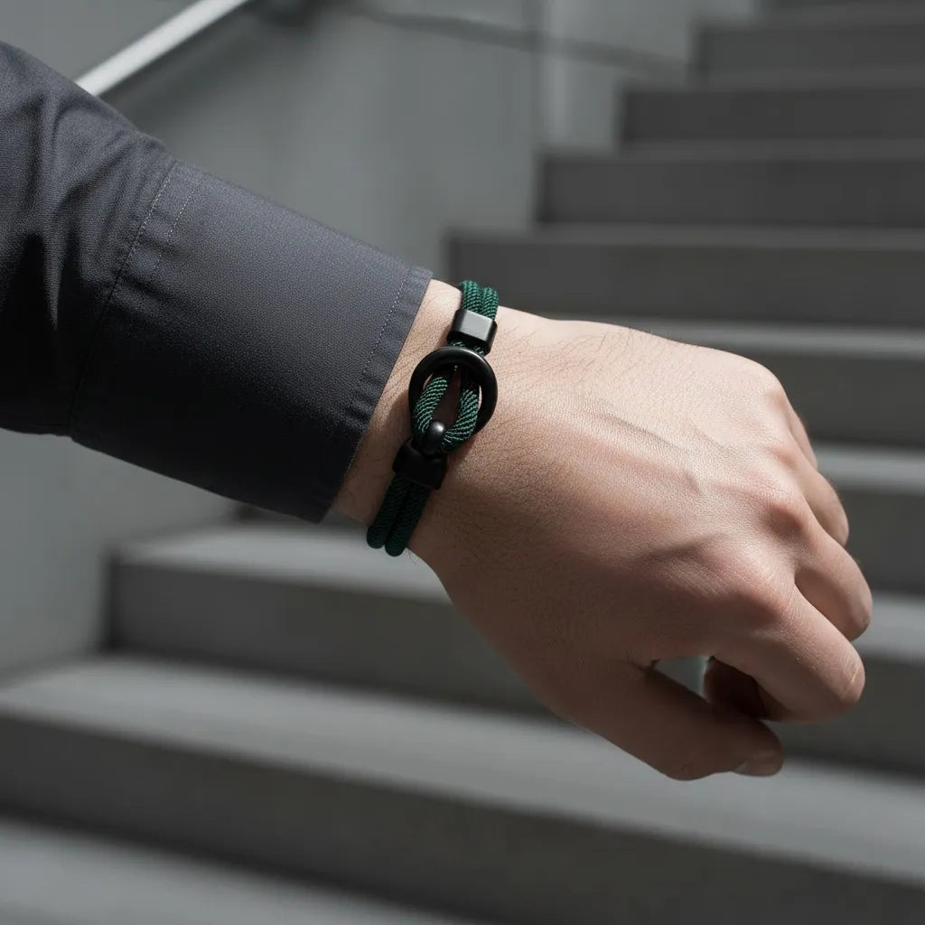 Pulseira masculina de corda verde com fecho circular preto usada em um visual social.