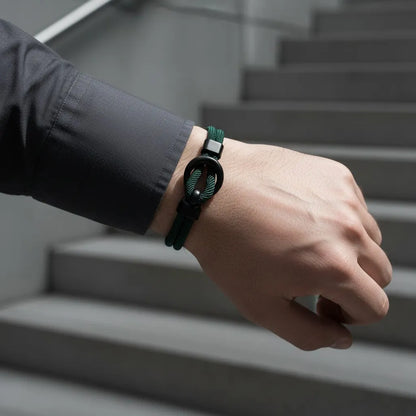 Pulseira masculina de corda verde com fecho circular preto usada em um visual social.