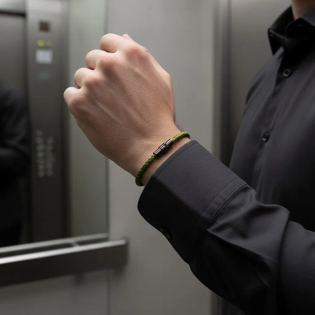 Close da pulseira masculina de corda verde trançada com fecho metálico preto em ambiente corporativo.