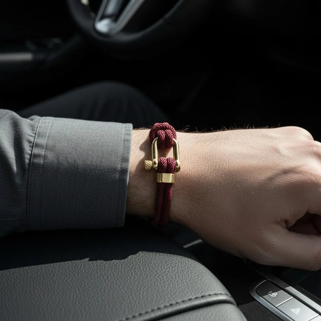 Pulseira masculina de corda vinho com fecho dourado no pulso de um homem dentro do carro.