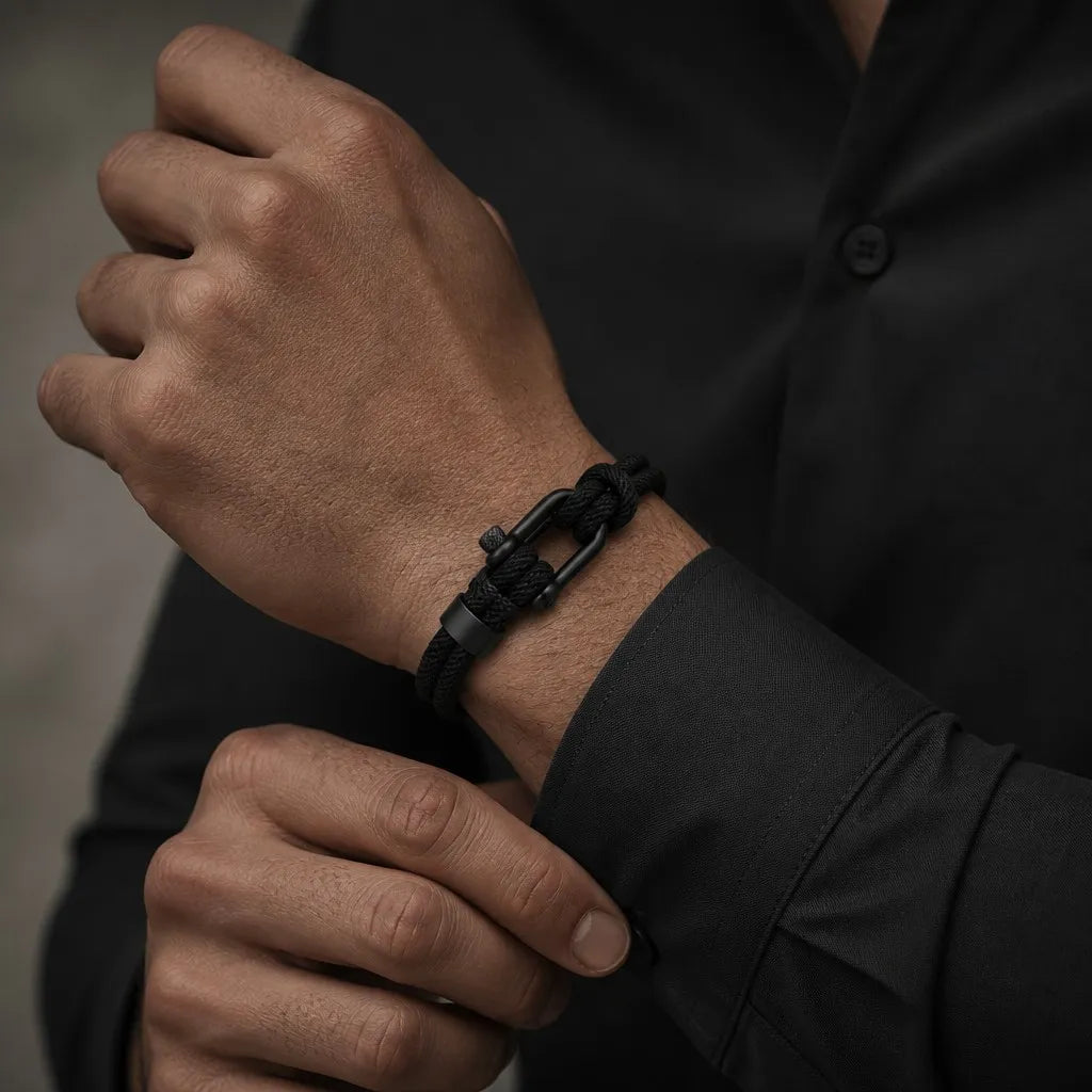 Homem com look social usando pulseira masculina de corda preta com fecho preto em destaque no pulso.