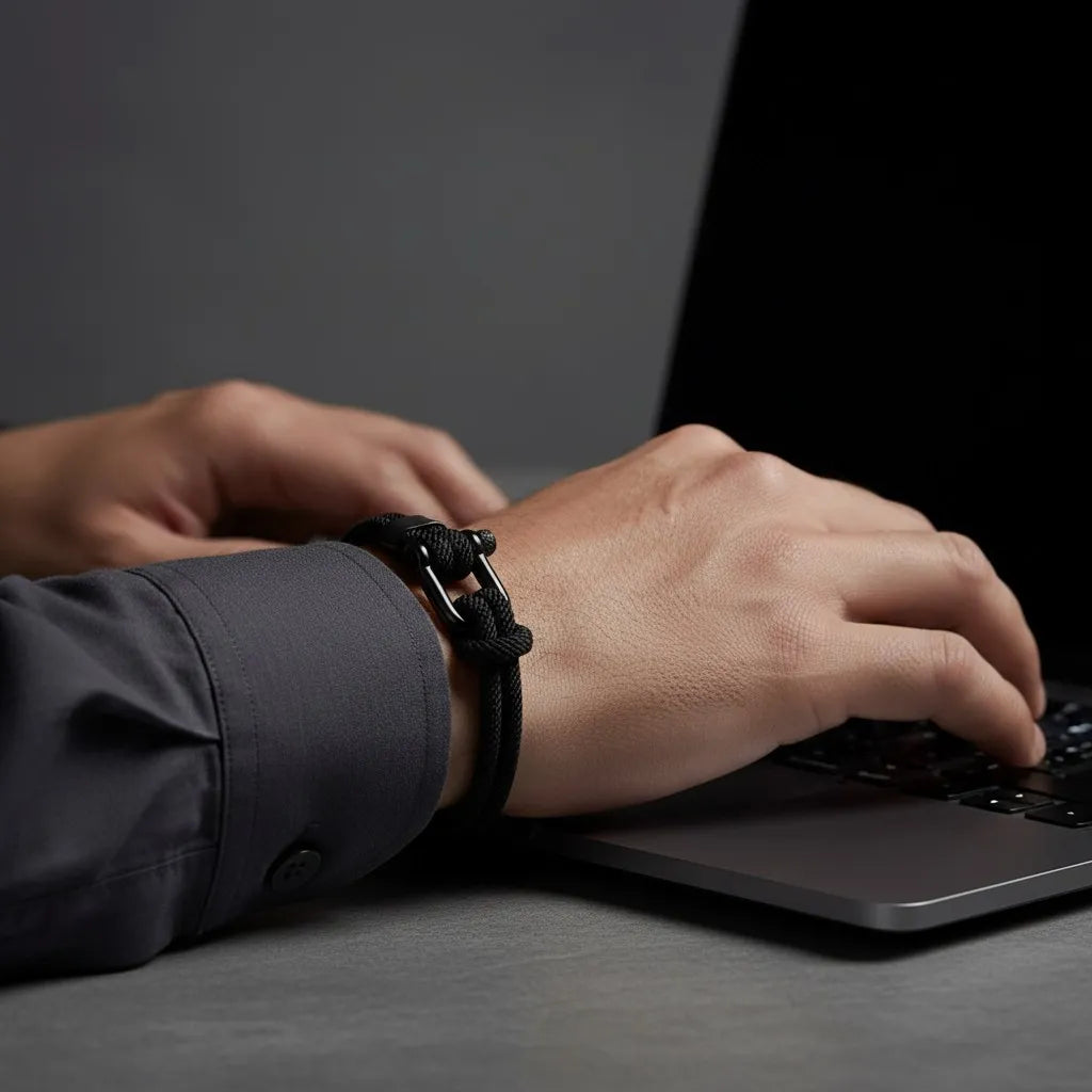 Homem digitando no notebook enquanto usa pulseira masculina de corda preta com fecho preto.